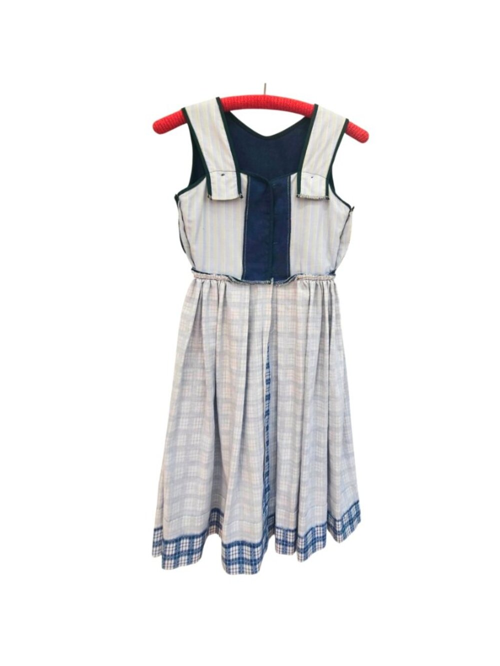Vintage 80s 90s Handmade Dirndl Dress Blue and White Cotton Polyester XXS - Picture 10 of 16